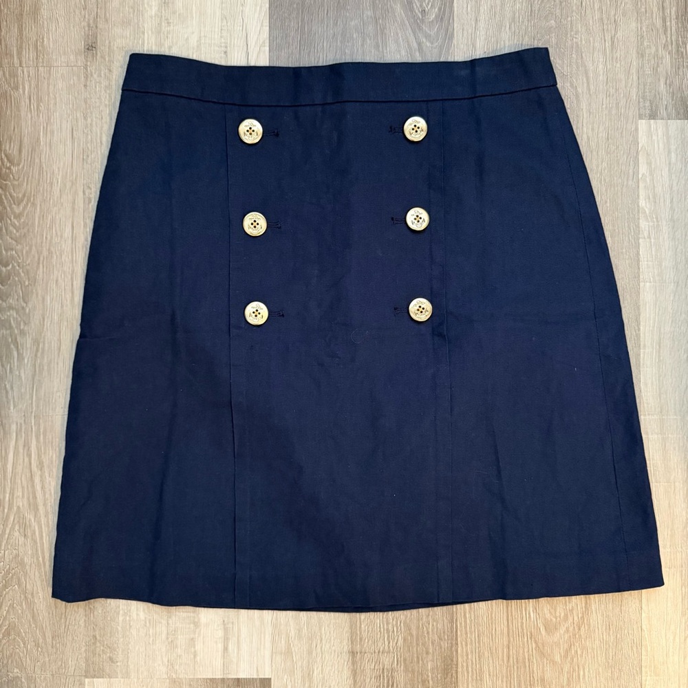 J. Crew Nautical Sailor Skirt, Linen + Cotton Blend, Navy + Gold Buttons Size 10